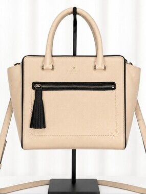 👜  Kate Spade Cream Pebbled Leather Satchel Crossbody Bag Tassel Accent